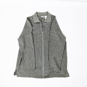 90's Cardigan Jacket Forest Green Long Sleeve Zip-up Zipper Collar Ribbed